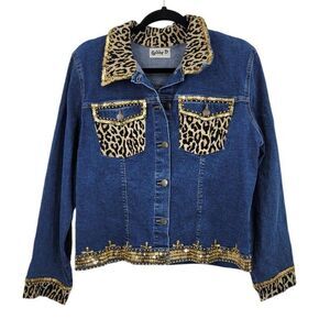Vintage Mob Wife Denim‎ Trucker Jacket M Leopard Gold Beaded Sequin Dollywood